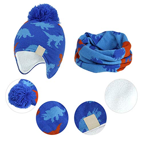 Image of ACTLATI Winter Dinosaur Boy Winter Hat Scarf Mittens Set Warm Beanies Earflap Fleece Pompom Lining Cap for Toddler Kids