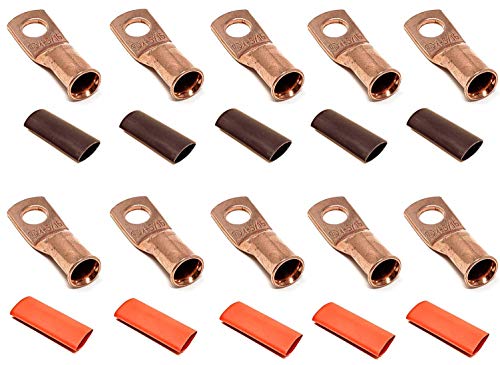 10pcs 4 Gauge 4 AWG x 5/16” Pure Copper Cable Lug Terminal Ring Connectors with Dual Wall Adhesive Lined Red + Black Heat Shrink Tubing – by WNI