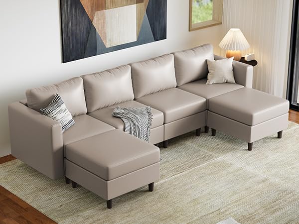 ABCASA Oversized Modular Sectional Sofa 118 5 Faux Leather 6 Seater U Shaped Couch with Movable Ottoman and
