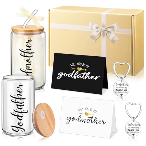 Mimorou 7 Pcs Godparents Proposal Gift Set Will You Be My Godparents from Godchild Godmother Godfather Gift with Glass Cups Keychains Cards Box for Birthday Baptism (Champagne)