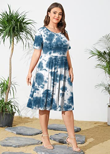 Image of POSESHE Womens Plus Size Summer Dress 2026 Casual Short Sleeve Empire Waist Loose Fit Swing T-Shirt Dress with Pockets