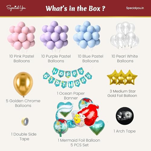 Image of SpecialYou.in Mermaid Theme Birthday Decorations Kit for Girls with Pastel Purple, Blue, Pink, Pearl White Balloons, Ocean Theme Paper Banner, Birthday Decoration Items for Baby Girl- 52 Pcs