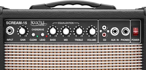 Rocktile Scream 15 Gitarrenverstärker Mini Combo Amp (15 Watt Amplifier, 2-Kanäle, Portable, AUX-In für MP3/CD, 3-Band Equalizer, Kopfhöreranschluss)