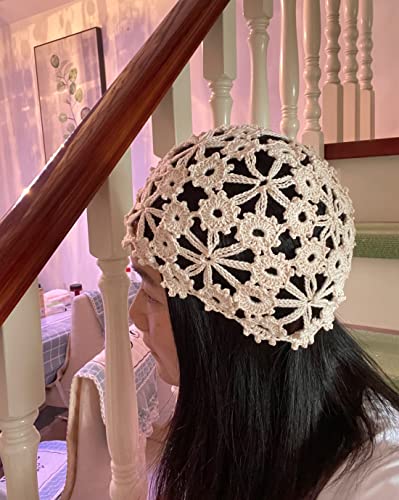 Gorro tejido artesanal floral para mujer color beige miniatura 5
