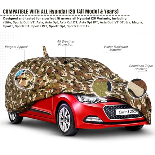 Image of Pivalo Car Body Cover for Hyundai Elite i20 All Models (2014-2020) 100% Waterproof with Mirror & Antenna Pocket Triple Stitched Dustproof Heat Resistant UV Protection (Military /Jungle /Camouflage)