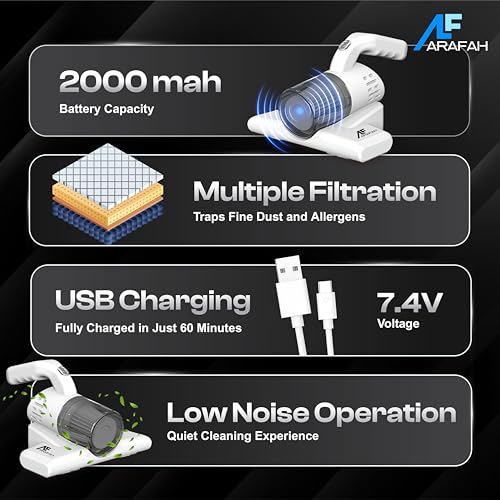 Image of ARAFAH Dust Mite Vacuum Cleaner with UV Light | 2800Pa Strong Suction, 2000mAh Battery | Dust Mite Remover for Bacteria & More | Handheld Design Ideal for Sofas, Mattresses, Car Seats & Upholstery