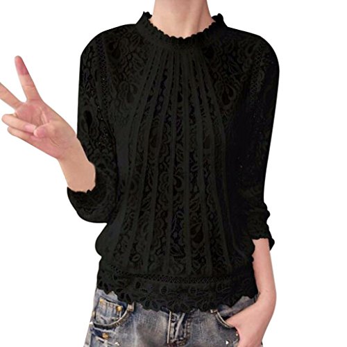 Blouse Femme Chic et Elegant Manche Longue Dentelle Hiver Printemps t Shirt Haut Femme Soiree Casual Mode Fashion Top Chemise (L, Noir)