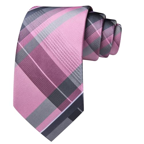 Image of Barry.Wang Plaid Ties Mens Silk Necktie and Tie Clip Checkered Tie for Wedding Party Business Formal