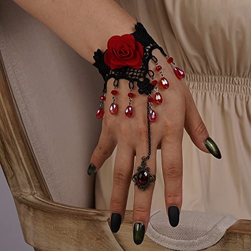 Kercisbeauty Flamenco Dance Red Rose Crystal Tassel Wristband Black Lace Bracelet for Women Gothic Vampire Hand Chain Jewelry (Style 3)2