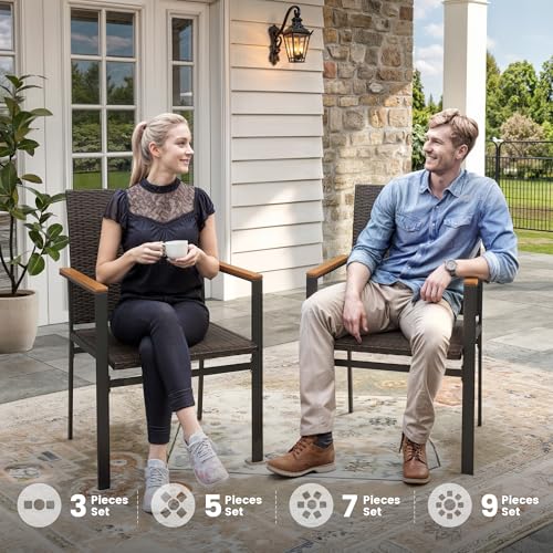 Image of VICLLAX Patio Dining Chairs Set of 2, Premium All-Weather Outdoor Wicker Chair with Sturdy Iron Frame and Wood Pads Stylish Patio Seating, Brown Rattan