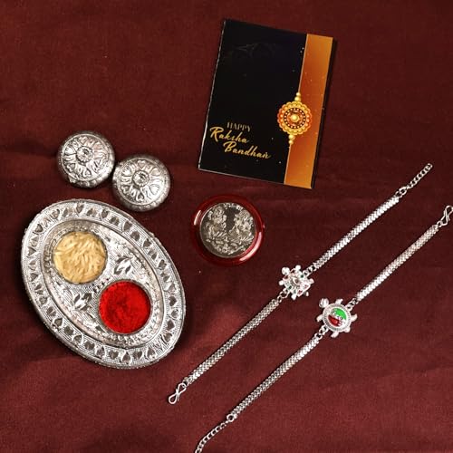 Image of Oblivion Turtle Shaped Rakhi Set of 2 for Brother with Silver Colour Pooja Coin, Thali and Greeting Card for Raksha Bandhan