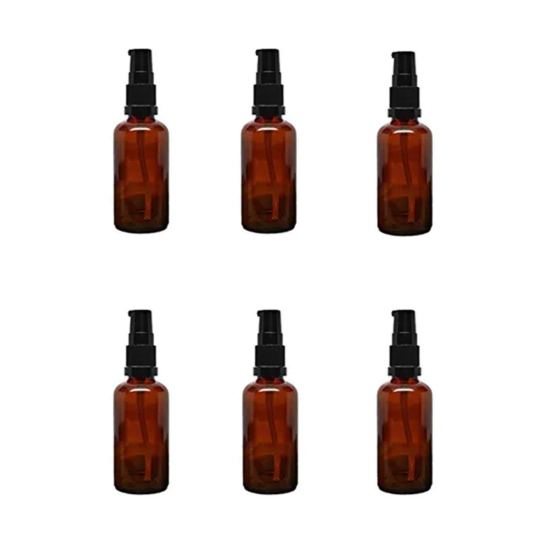 GIFTBASH Amber Glass refillable 50ml Round Bottle with Lotion Pump for Multi use, Set of 6 Pcs