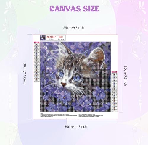 Image of QENSPE Diamond Art Kits for Adults, DIY Kitten Diamond Painting Kits, 5D Adults Full Drill Purple Flowers Diamond Dots for Beginners, Gem Art Crafts Home Wall Decor Gifts 12x12 inch