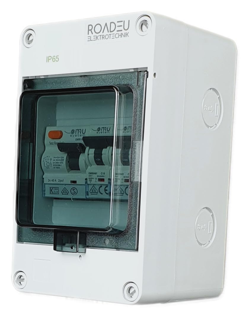 RoadEu - Quadro Elettrico Di Distribuzione - Interruttore automatico C10A e C16A, magnetotermico differenziale 40A 30mA 2P tipo A/AC, IP65 perfetto per il garage, il capanno o il giardino