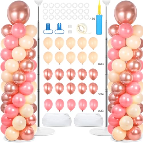 Image of 2 Sets Rose Gold Balloon Column Stand Kit with 100 Balloons Adjustable Balloon Tower Stand with Bases for Floor Balloons Column Kit for Wedding Graduation Birthday Appreciation Party Decor