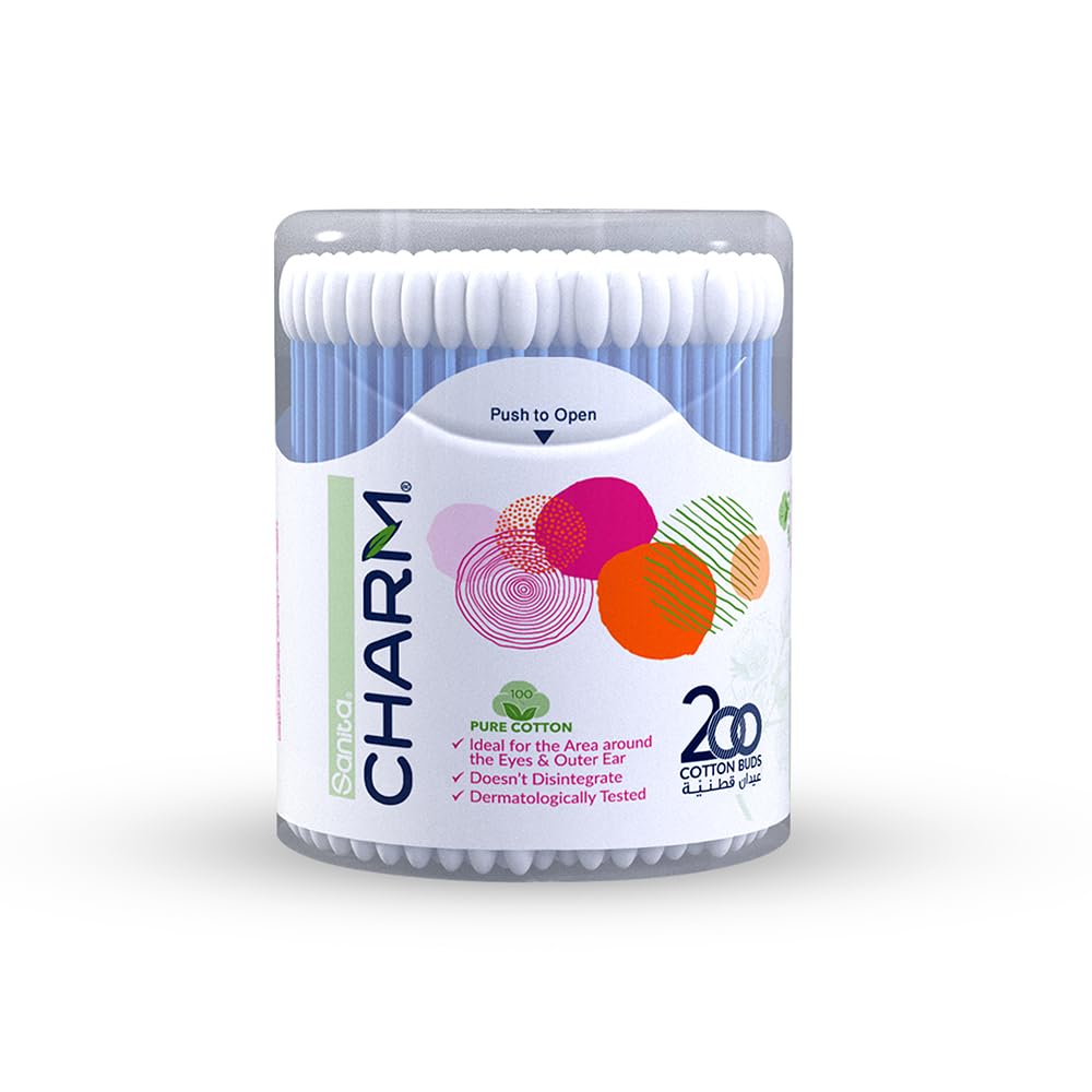 Sanita CHARM Ear Buds Round 200 – 100% Pure Cotton, Hypoallergenic, Soft & Gentle for Ears – Ideal for Baby Care, Makeup Application, Household Use – Pack of 200 Cotton Swabs