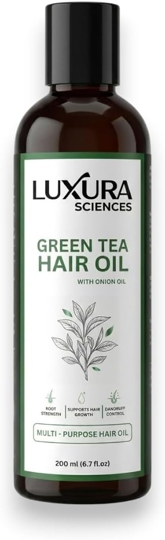 Luxura Sciences Green Tea Hair Oil with Onion Oil, 6.76 (200ml), Natural Hair Care for Dandruff and Hair Loss Control, Healthy, Soft, and Shiny Hair