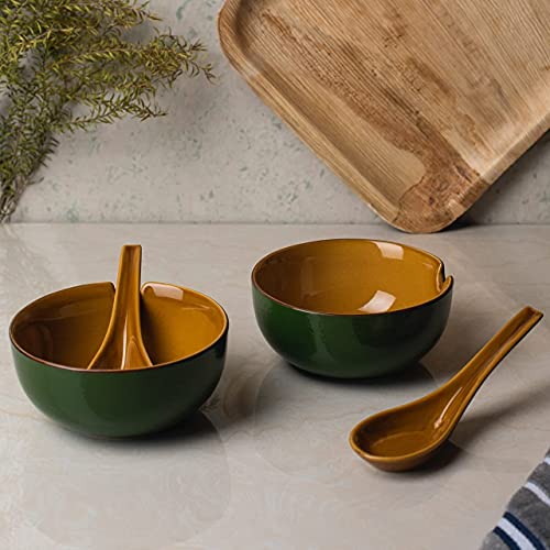 Image of HS Hindustani SAUDAGR Urban Mattee Green Ceramic Bowl Set of 2(240ml Each) Soup Bowl Without Handle & with Spoon Microwave Safe Bowls katori Ideal for Snacks Rice dal Desserts and Gifting.