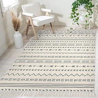 Yomshi Cotton Area Rug 120x180cm Geometric Printed Carpet with Tassel Soft Indoor Floor Carpet Washable Off-white and Black Modern Floor Mat for Entryway Porch Bedroom Living Room