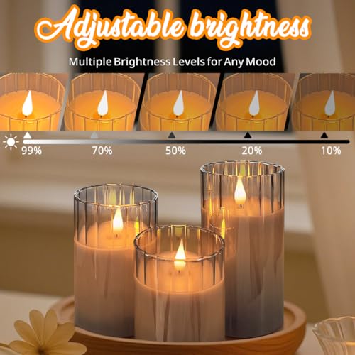 Image of LEDHOLYT Rechargeable Flameless Candle, Flashing LED Pillar Real Wax Candle with Remote Control and Timer, Grey Stripes Glass Electronic Candles for Room Decoration, 1 Set of 3