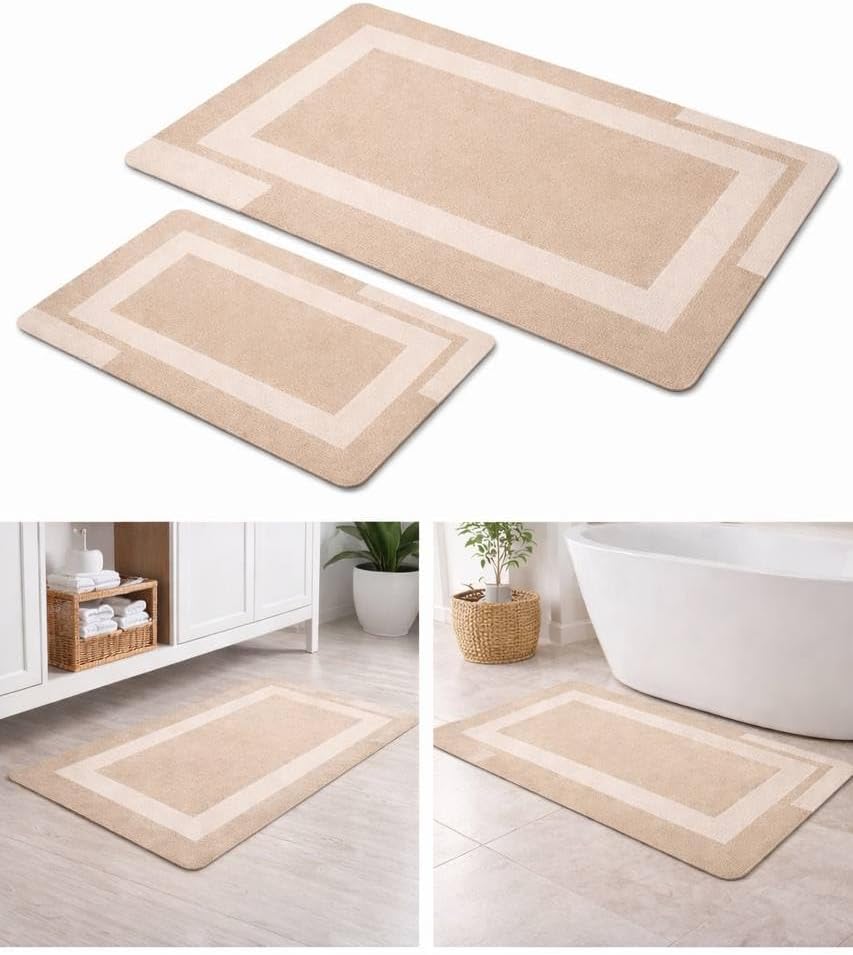 Bath Mat Set of 2, Soft Diatomite Bathroom Rugs, Ultra Absorbent & Quick Dry, Non Slip Rubber Backing, Washable Shower Mats, Modern Bath Rug Set for Bathroom Floor, Biege