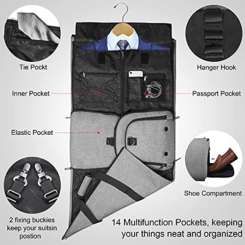 Carry on Convertible Garment Bag Waterproof Travel Duffel Bag for Mens Business Garment Bags with Shoulder Strap, Shoes Compartment 2 in 1 Hanging Suitcase Suit Travel Bags, Grey