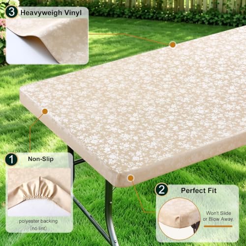 Image of Smiry Heavy Duty Vinyl Fitted Tablecloths for Square Tables | Elastic Waterproof Fitted Tablecloths, Wipeable Washable Table Cover for Kitchen, Dining, Camping (Beige, 36 inch x 36 inch)