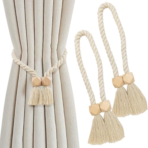 Lot de 2 embrasses de rideaux en bois avec corde en coton - Embrasses de rideaux magnétiques pour la maison/le bureau
