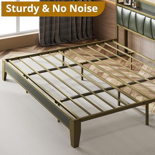 LIKIMIO California King Bed Frame, Storage Headboard with Charging Station, Solid and Stable, Noise Free, No Box Spring Needed, Easy Assembly (Dark Green)