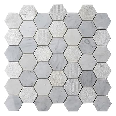 Apollo Tile 5-Pack 11.8 x 12-in. White Polished and Etched Marble Honeycomb Hexagon Mosaic Wall and Floor Tile at 4.83 sq. ft. Per Case APLBL8801CAA, Kitchen Backsplash Tile and Bathroom Flooring