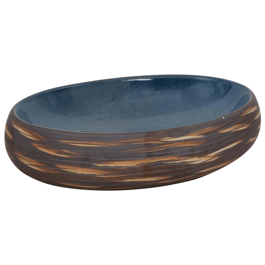 vidaXL Countertop Basin, Above Counter Bathroom Sink, Wash Basin for Lavatory Cloakroom Office, Vessel Sink, Brown and Blue Oval Ceramic