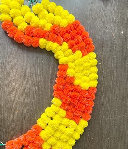 Image of SPHINX Artificial Marigold Fluffy Flowers Garlands for Decoration - Pack of 5 (Yellow and Dark Orange Patterned)