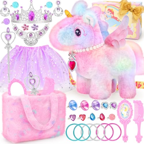 Tagitary Interactive Unicorn Plush Toy with Glowing Horns, Walking Pony Realistic Stuffed Unicorn with Kids Dress Up & Pretend Princess Jewelry...