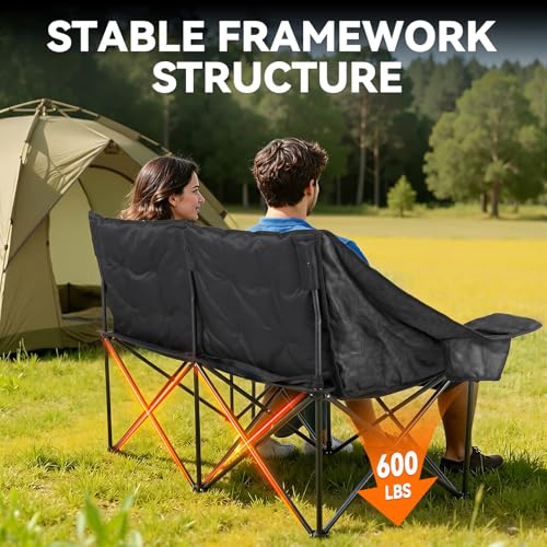 Image of Oversized Double Camping Chair Padded Camping Chairs for Adults,Gray Leaves