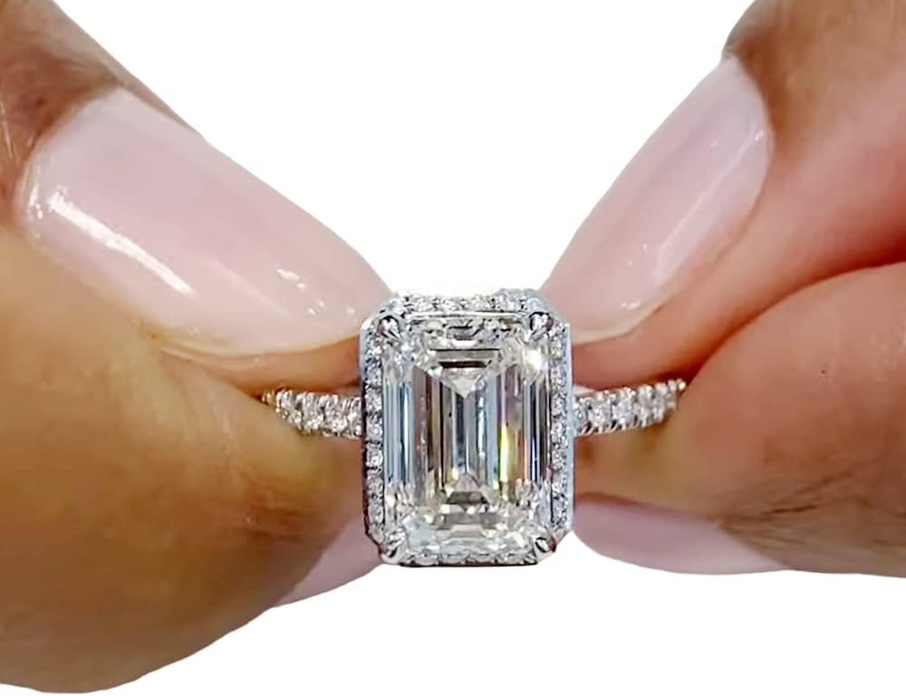Ssjewel 3 Ct Emerald Cut Diamond Classic Halo Solitaire Engagement Rings For Women 14k White Gold Plated Wedding Ring 925 Sterling Silver Handmade Anniversary Ring Customized Promise Ring Gift For Her