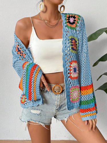 Image of SHENHE Women's Floral Crochet Cardigan Hollow Out Open Front Long Sleeve Cardigan Sweater
