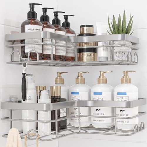 Sakugi Corner Shower Caddy - 2 Pack, Adhesive Shower Organizers, Rustproof Stainless Steel Shower Shelves with 8 Hooks, No Drilling Bathroom Organizers and Storage Racks, Space-Saving, Silver, X-Large