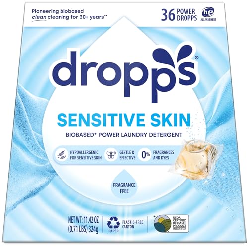 Dropps Sensitive Skin Laundry Detergent Pods, Unscented (36 Count) - Dermatologist Tested Laundry Pods - HE Compatible Laundry Supplies for Clean Clothes, Vegan & Dye-Free