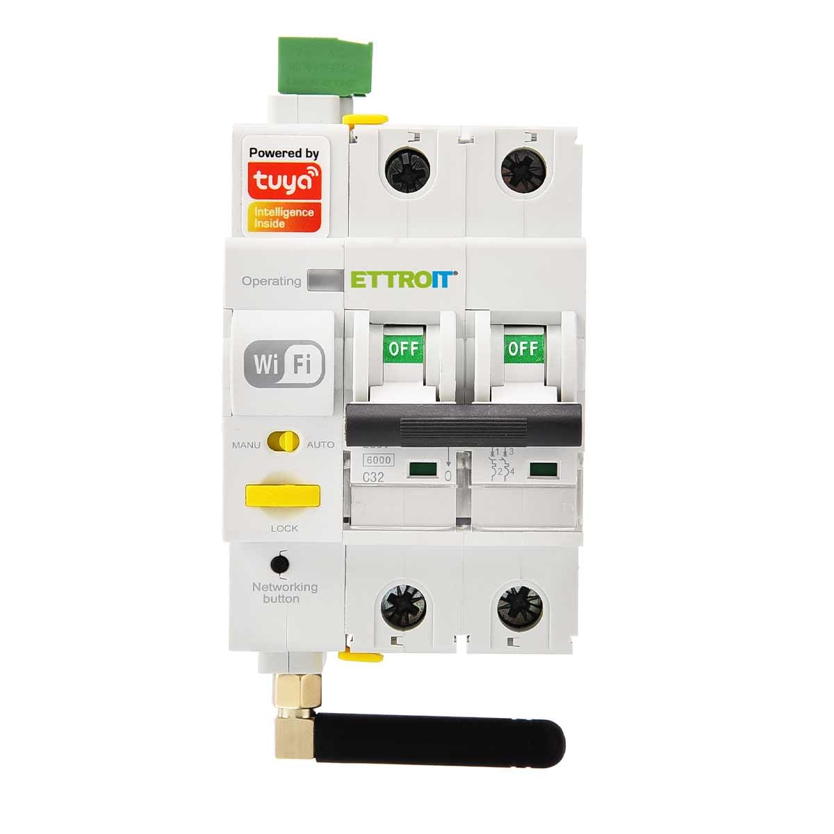 ZOREI Interruptor magnetotérmico inteligente WiFi, 2P 230 V 30 mA 6000 A, rearme automático, aplicación TUYA, ocupa 3 módulos DIN, antena WiFi incluida (2P 32 A 30 mA 6 kA)