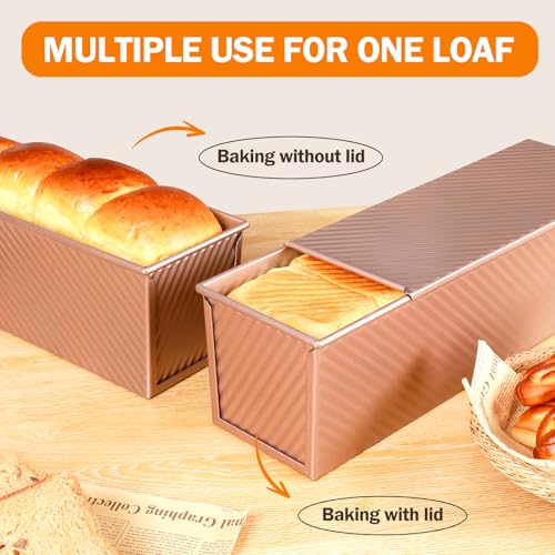 Image of Pullman Loaf Pan with Lid, 13x4, Nonstick Sandwich Bread Loaf Pan | 2.2LB, Heavy Duty Carbon Steel Corrugated Toast Box with Cover for Homemade Sourdough Bread Baking, Bakeware, Bakers Gift