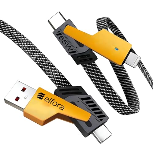 Elfora 4 in 1 Braided Fast Charging Cable 65W | Quad 1.5m Rugged Design Multiport | Type C to USB A | Compatible for iPhones, iPads, Tablets, MacBooks and Android Devices -Black