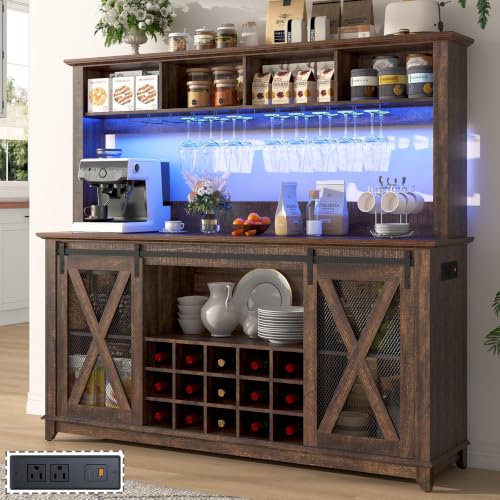 Image of 63 inchWide 58 inchH Farmhouse Coffee Bar Cabinet with Power Outlet and LED Light,Wine Bar Cabinet w / 4 Storage Hutch,Kitchen Buffet Cabinet with 15 Wine and Glass Racks for Kitchen Dining Room(Brown)