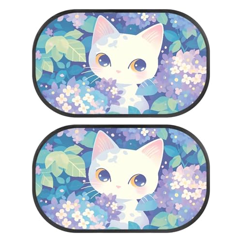 Qiyupavto 2-Piece Cartoon White Cat Car Rear Window Sun Shades for Baby Kids, Foldable Back and Side Window Sunshades, Portable Sun Blocker Mesh Cover, Automotive Interior Accessories