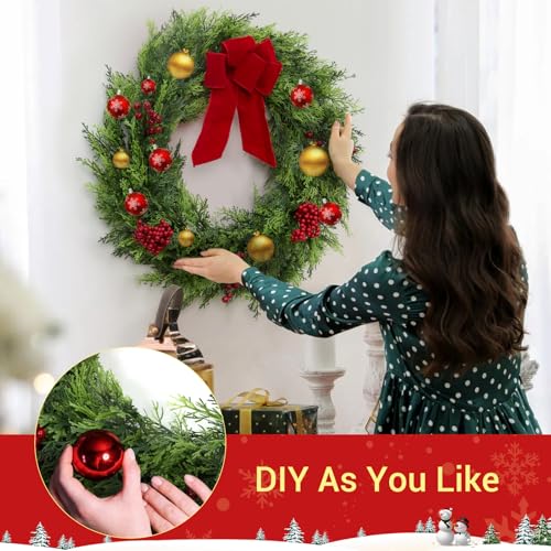 GarveeHome Christmas Wreaths for Front Door, 24 Inch Large Outdoor Christmas Wreath with Berries Velvet Bow, Winter Artificial Cypress Wreath Xmas Wreath for Indoor Window Wall Fireplace Holiday Decor