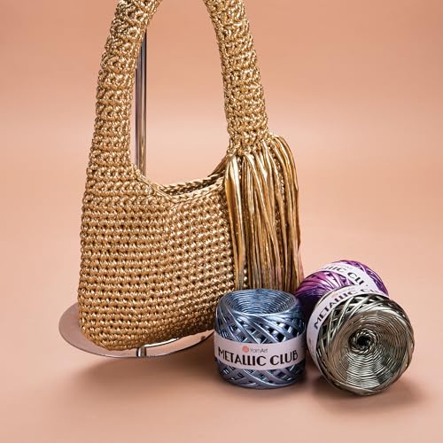 Image of YarnArt Metallic Club Super Bulky T-Shirt Yarn - 100% Polyester, 6.35 oz / 180 gr, 60 yrds / 55 Meters - Shiny Colors for Handbags, Rugs, Chic Night Bags, Crochet (8128)
