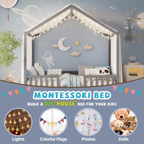 Image of Full Size Wood House-Shape Platform Bed with Roof Frame and Canopy, Montessori Floor Bed with High Railings and Slat Support for Kids Girls Boys, No Box Spring Needed (Grey-05, Full)
