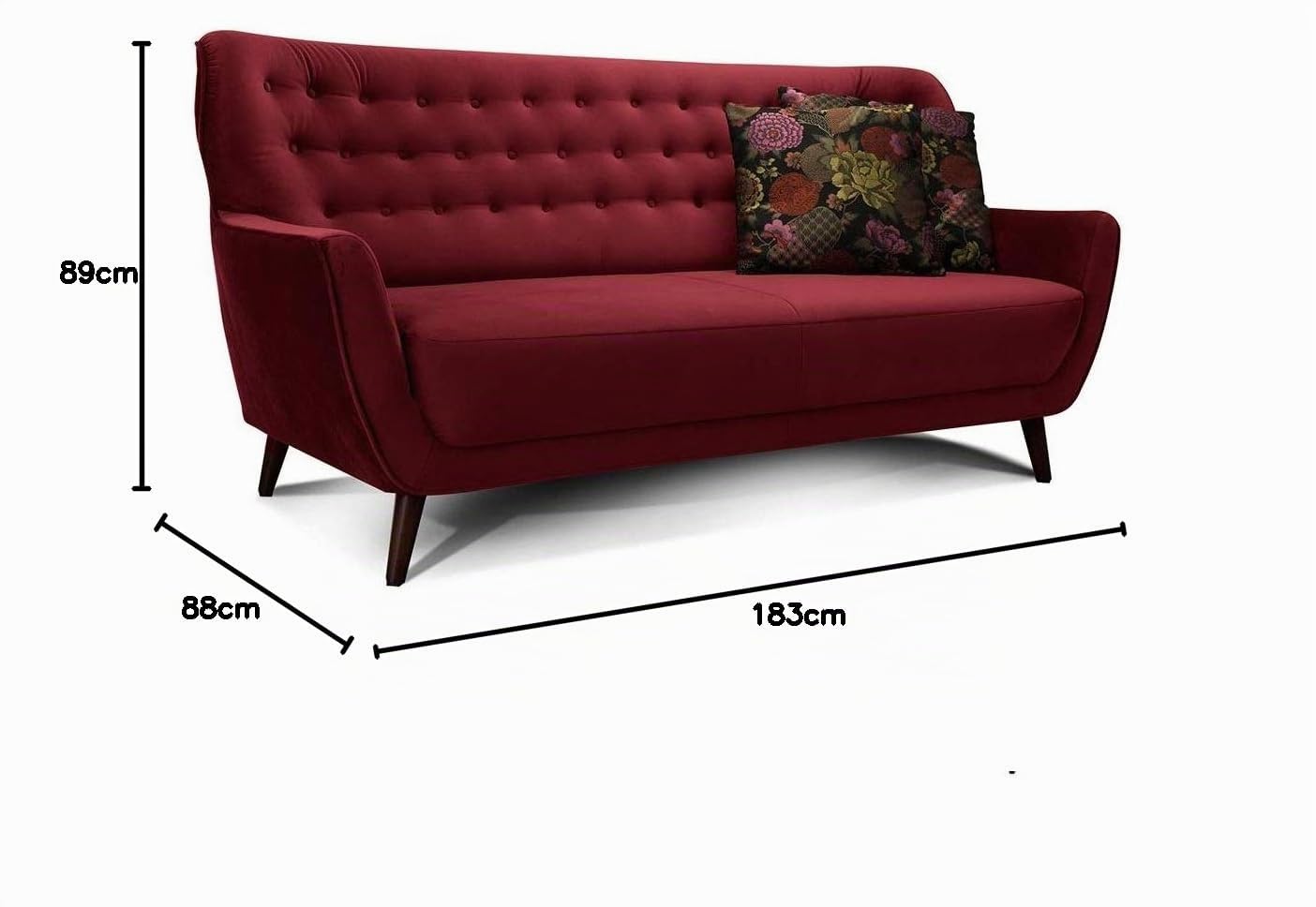 CAVADORE 3-Sitzer-Sofa Abby / Retro-Couch im Samt-Look mit Knopfheftung / 183 x 89 x 88 / Samtoptik, rot