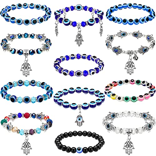 12 Pcs Evil Eye Beaded Charm Bracelets for Women, Greek Blue Eye Hamsa Stretch Bracelets Turkish Lucky Hand of Fatima Protection Wristband for Women Men Blessing