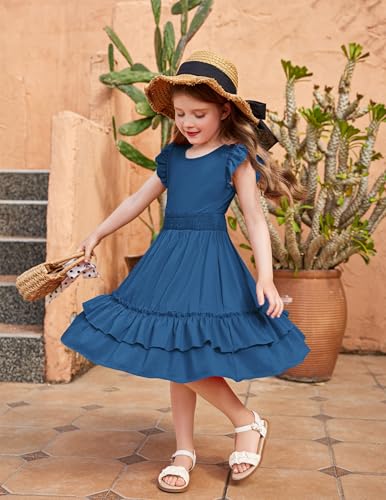 Image of Arshiner Girls Dresses Flutter Sleeve A-Line Sundress Casual Summer Tiered Swing Midi Pocket Dress