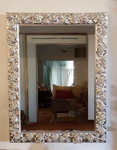 MO.WA Specchio da Parete rettangolare moderno Specchiera foglia argento 62x82 cornice legno, Made in Italy Specchio Classico Specchiera per la Camera da Letto Specchio da ingresso